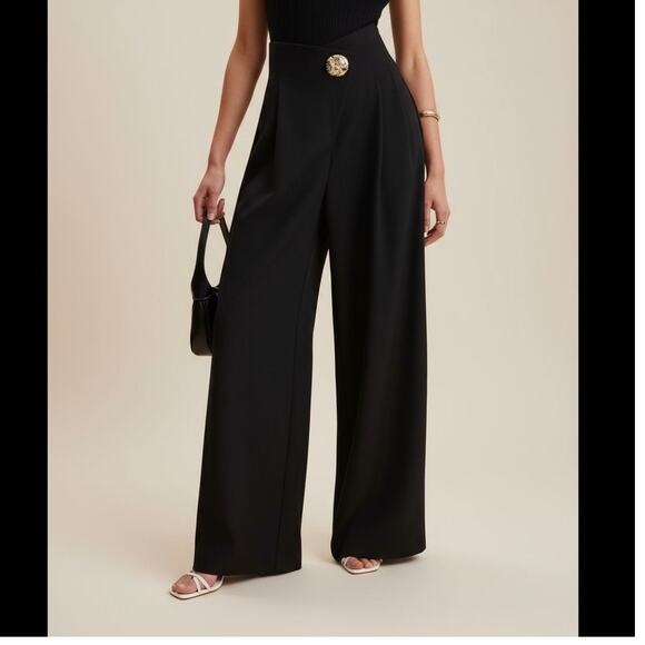 Black Gold Button Detail – High-Waist Wide-Leg Pants – Size XL (12) - Picture 1 of 8